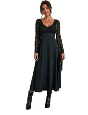 Vintage Esprit Black Lace Sleeve Maxi Dress Women's Size M Boho Gothic 90s